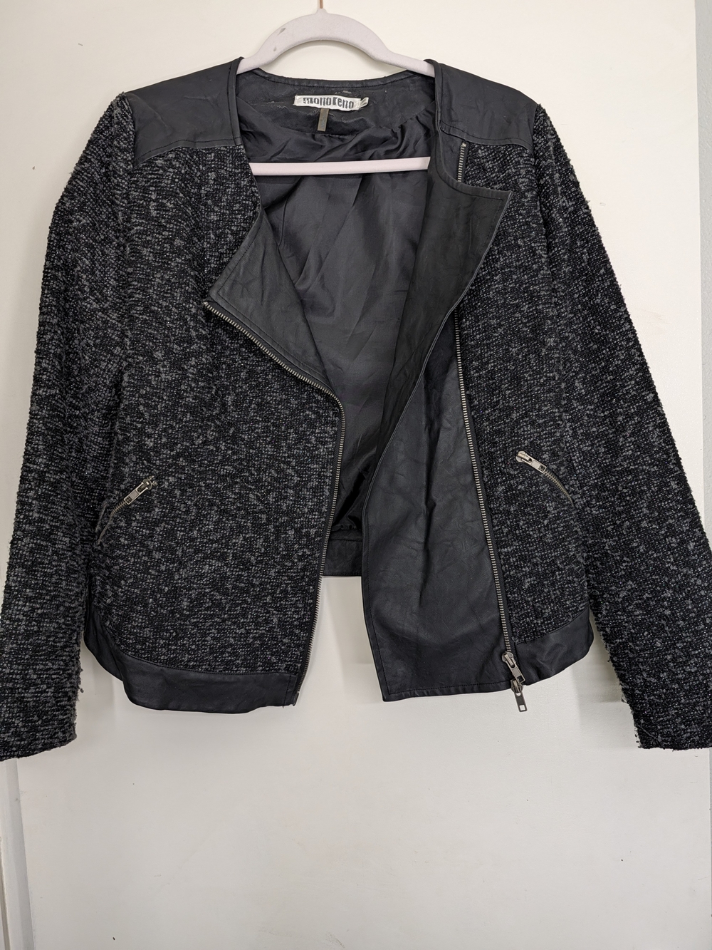 Monoreno Black Tweed and Faux Leather Moto Blazer